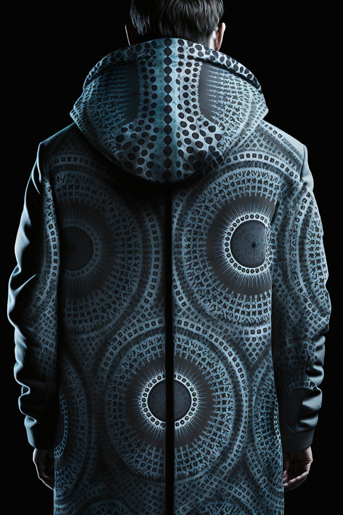 large editorial shot of embroidered jacket sleeve with tech-futuristic pattern